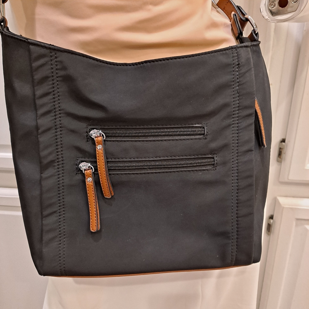 Mathew + Julian Black Nylon and Tan Leather Trim Lightweight Crossbody Bag